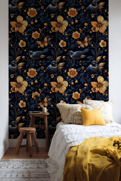 Dark Midnight Blue Floral Birds Wallpaper