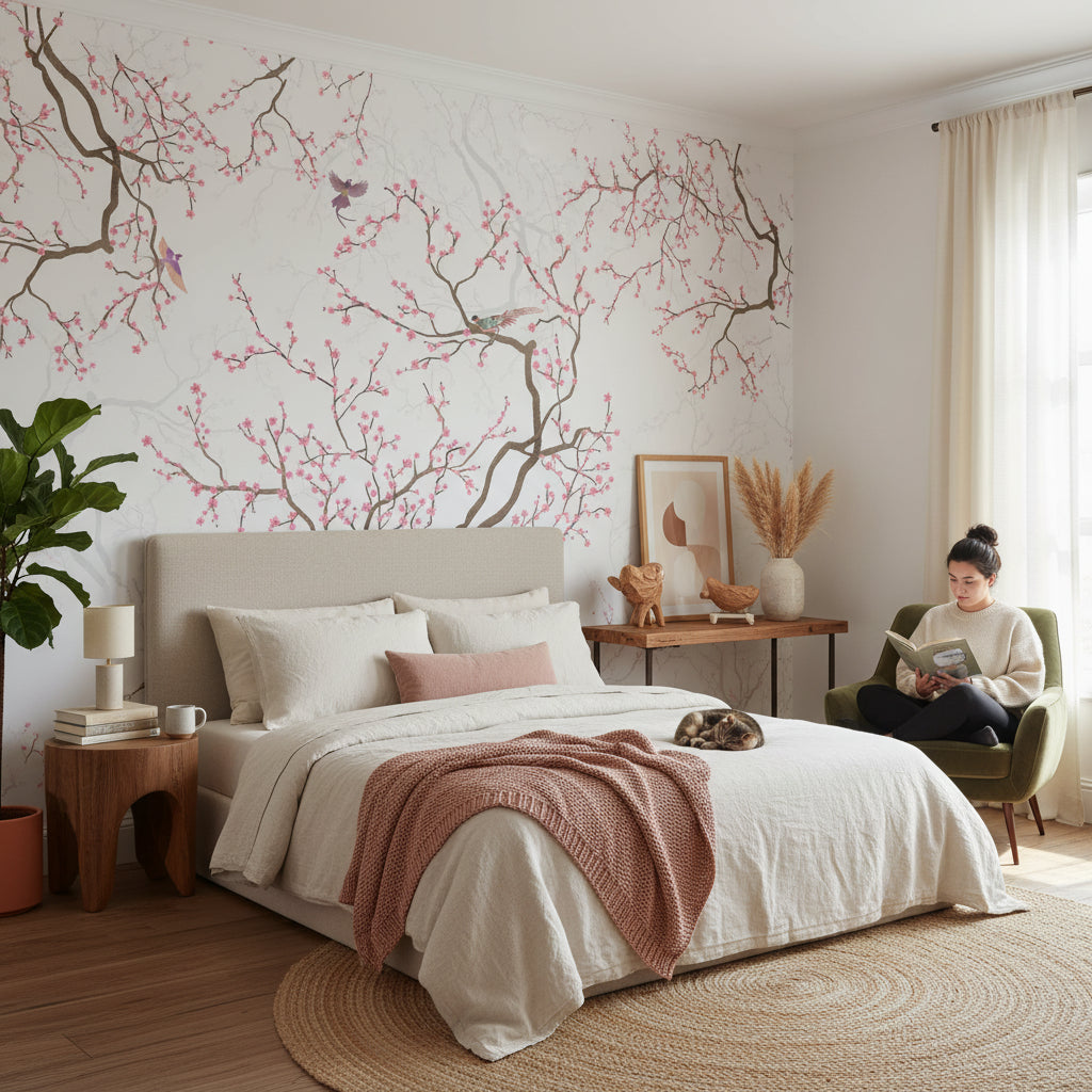 Floral Wallpaper Cherry Blossoms Removable Birds Wall Double Roll