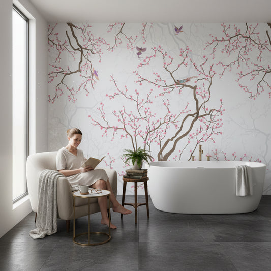 Floral Wallpaper Cherry Blossoms Removable Birds Wall Double Roll