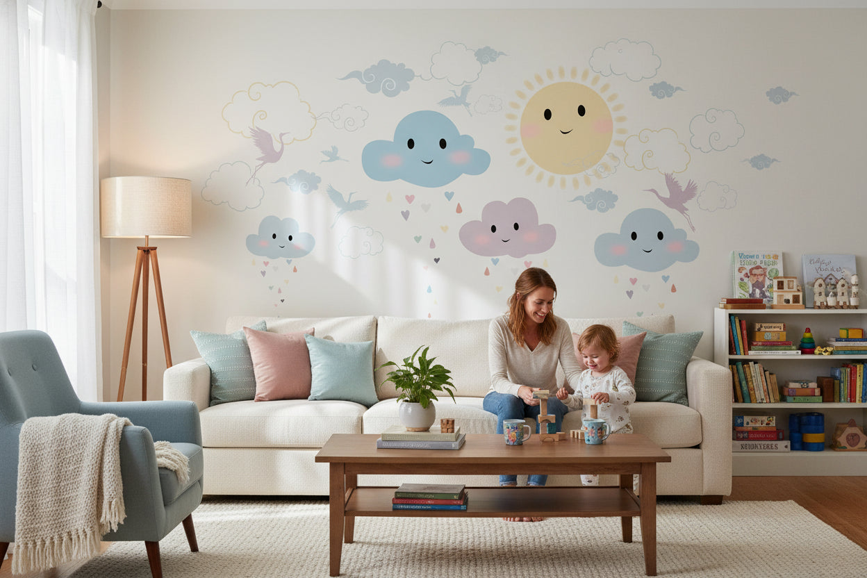 Whimsical Clouds Wallpaper Sun Birds Removable Wall Decor