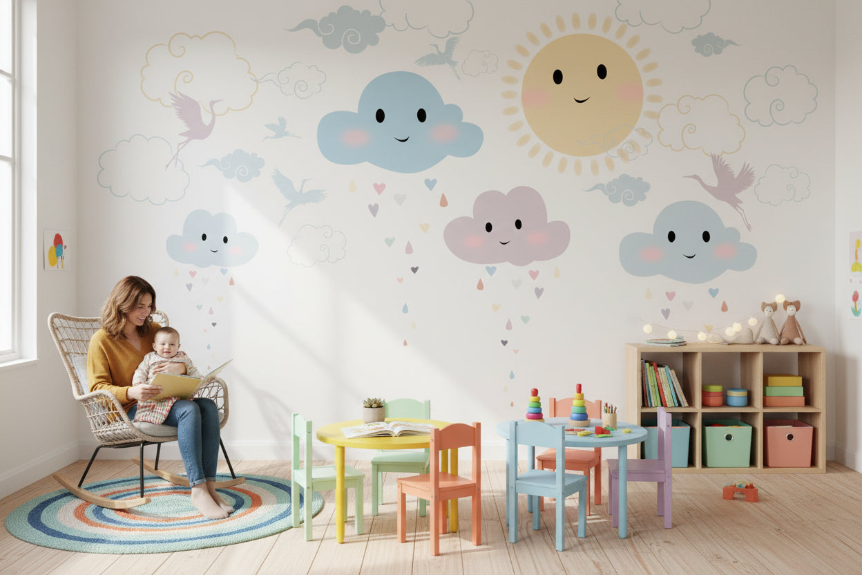 Playful Pastel Sky and Cloud Kids Wall Mural