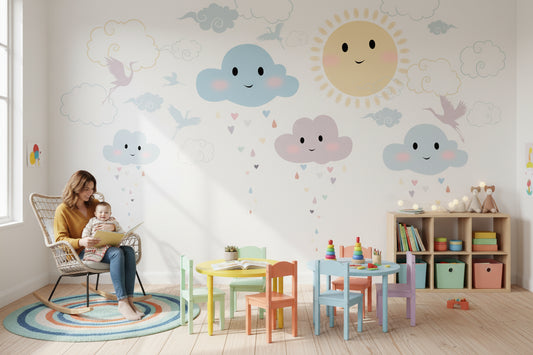 Whimsical Clouds Wallpaper Sun Birds Removable Wall Decor