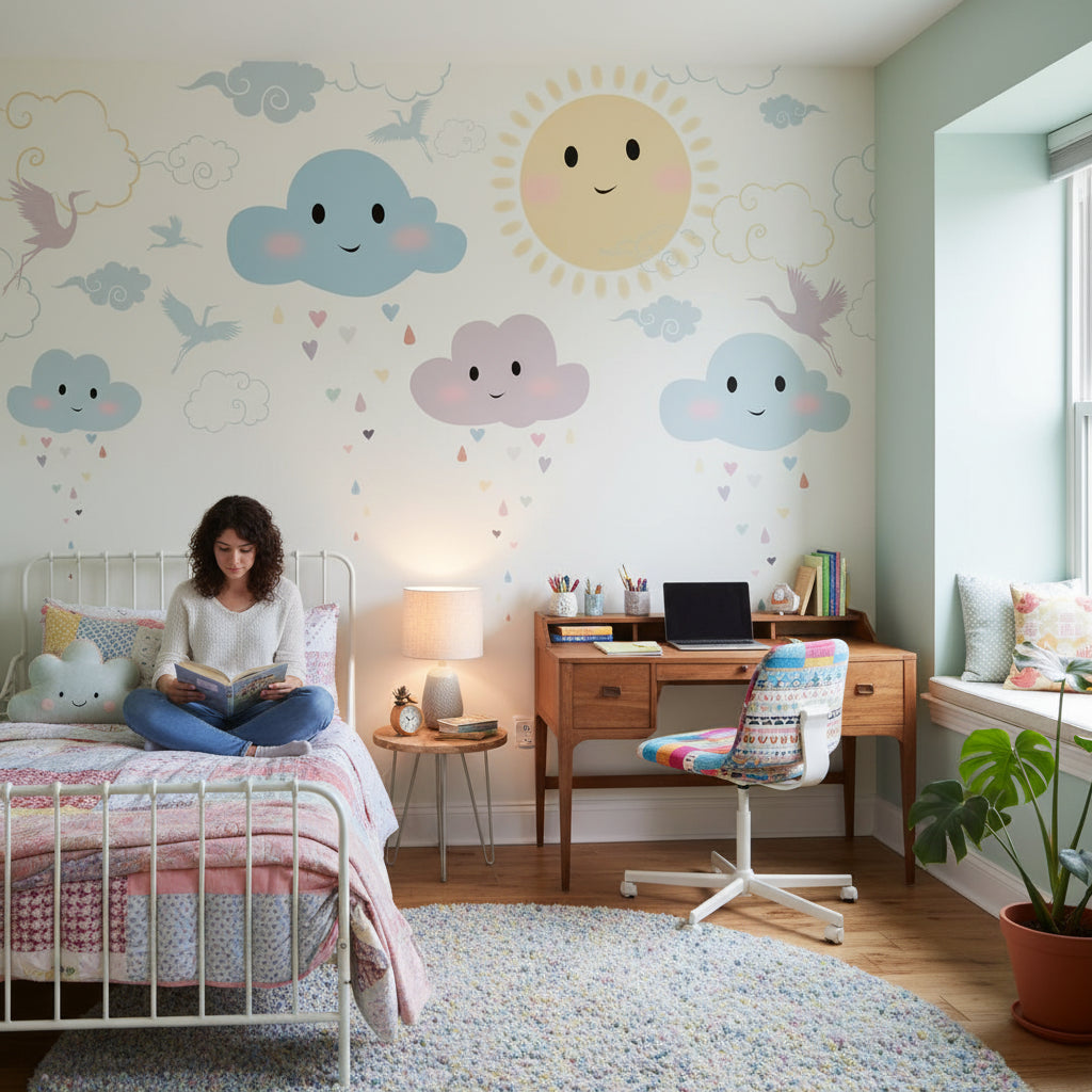 Playful Pastel Sky and Cloud Kids Wall Mural