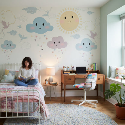 Playful Pastel Sky and Cloud Kids Wall Mural