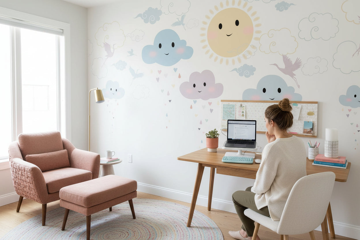 Playful Pastel Sky and Cloud Kids Wall Mural