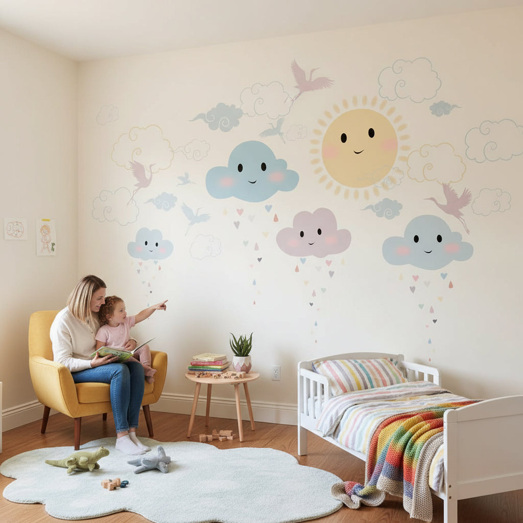 Whimsical Clouds Wallpaper Sun Birds Removable Wall Decor