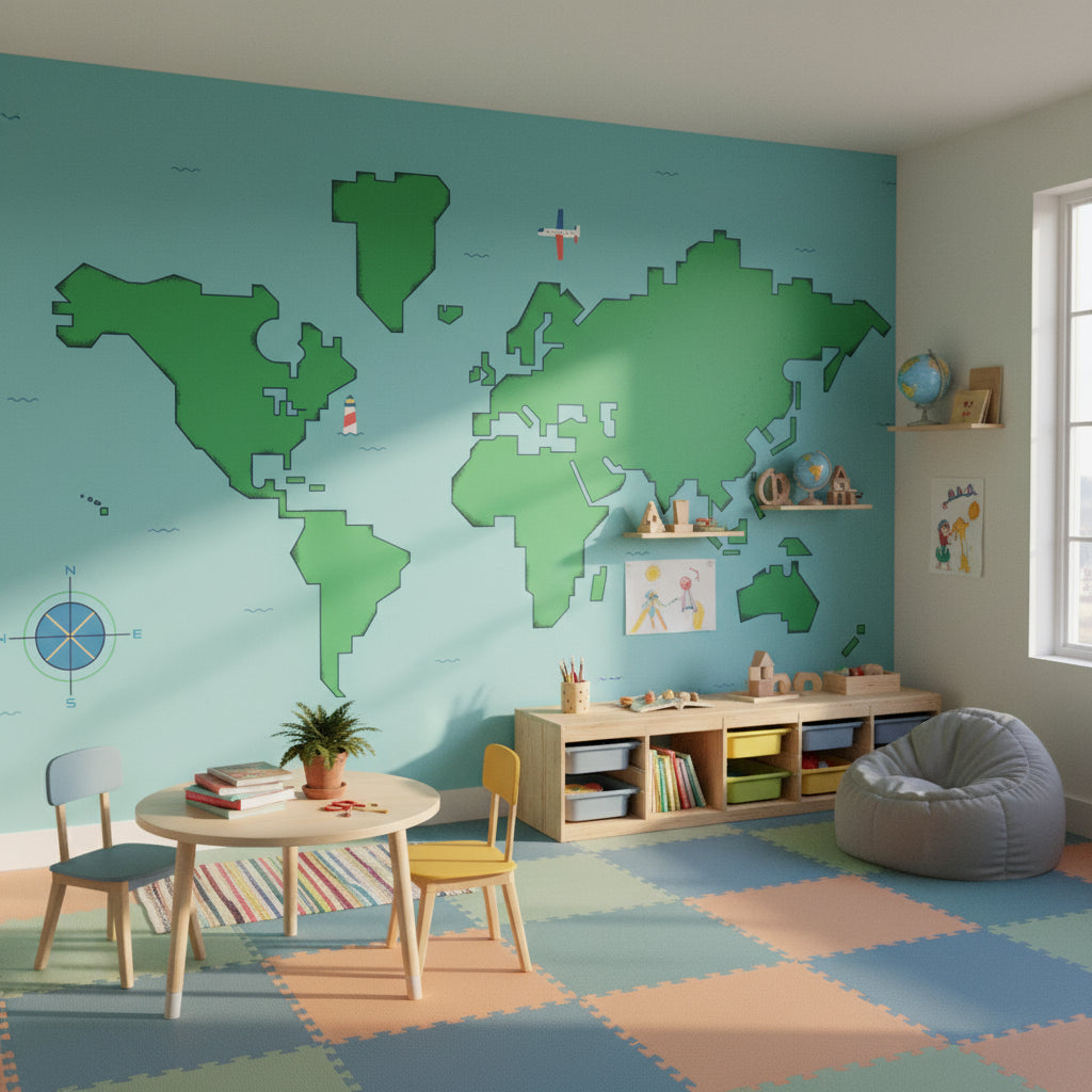 Bright Blue Kids World Map Wall Mural