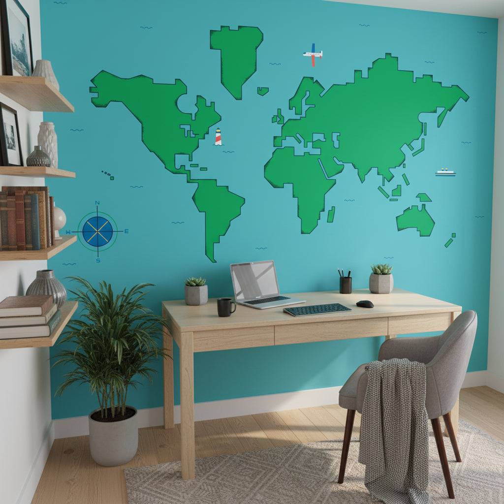 Bright Blue Kids World Map Wall Mural