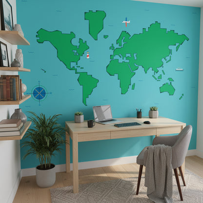 Bright Blue Kids World Map Wall Mural