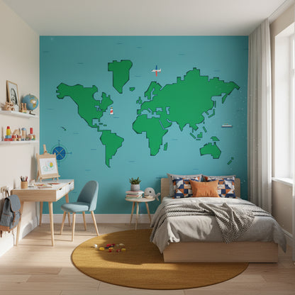 Bright Blue Kids World Map Wall Mural