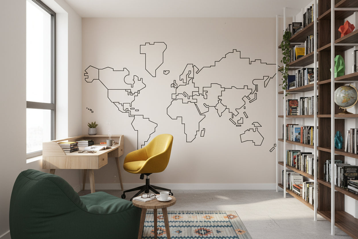 Beige Minimalist Outline World Map Wall Mural