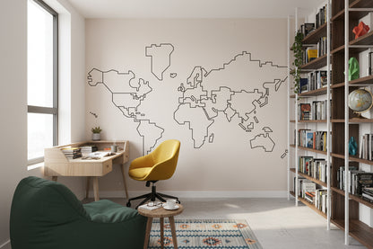 Beige Minimalist Outline World Map Wall Mural