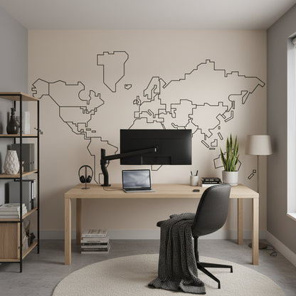 Beige Minimalist Outline World Map Wall Mural