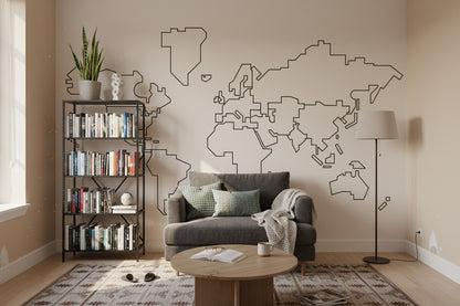 Beige Minimalist Outline World Map Wall Mural