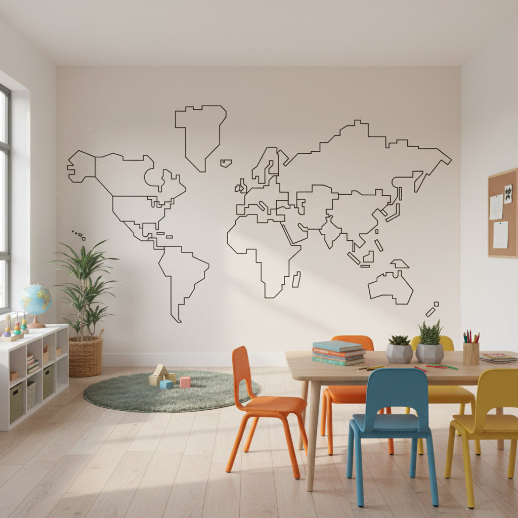 Beige Minimalist Outline World Map Wall Mural