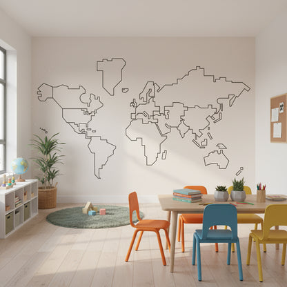 Beige Minimalist Outline World Map Wall Mural