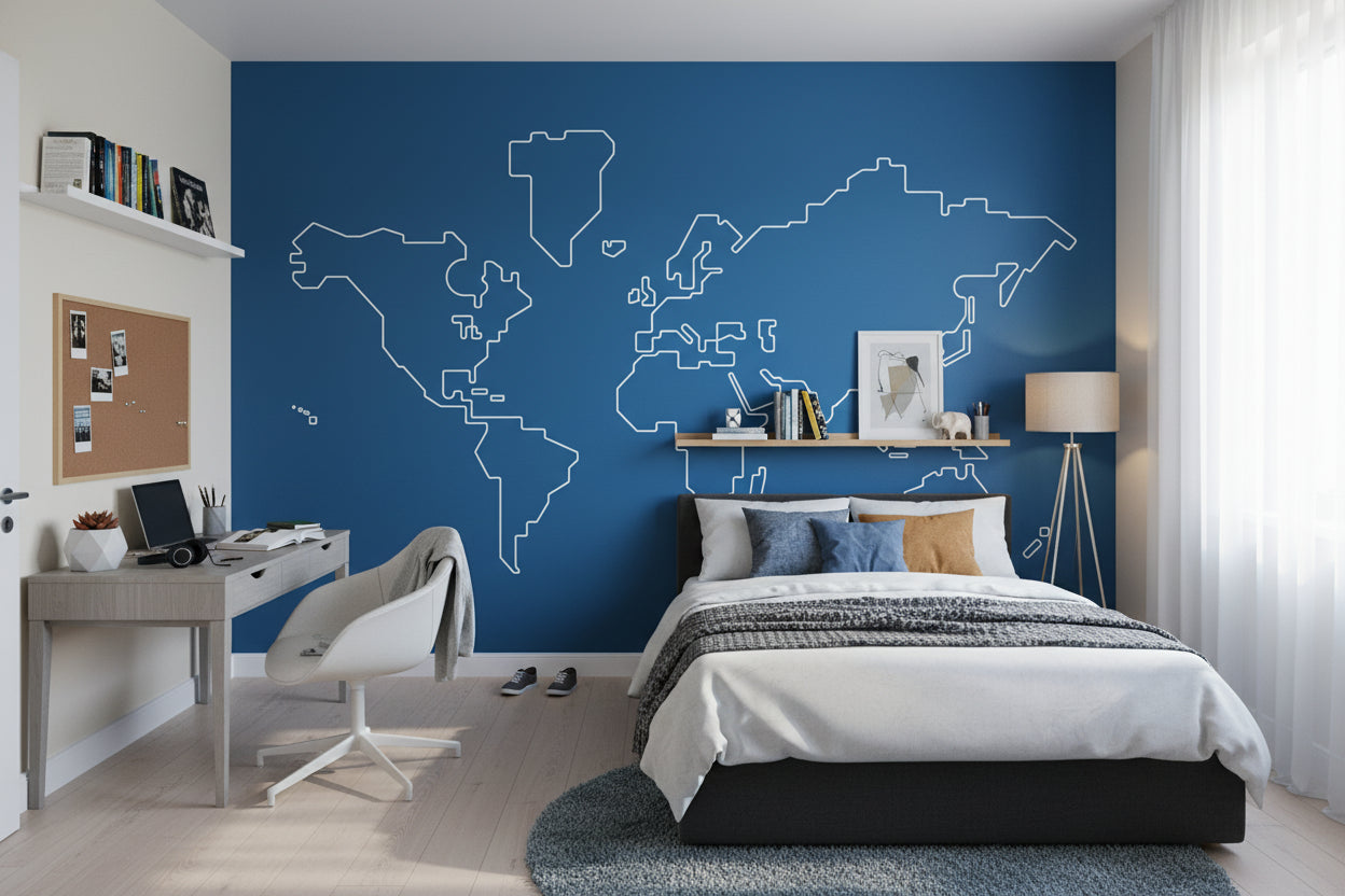 Bold Blue Outline World Map Wall Mural