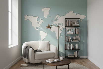 Teal Minimalist World Map Wall Mural