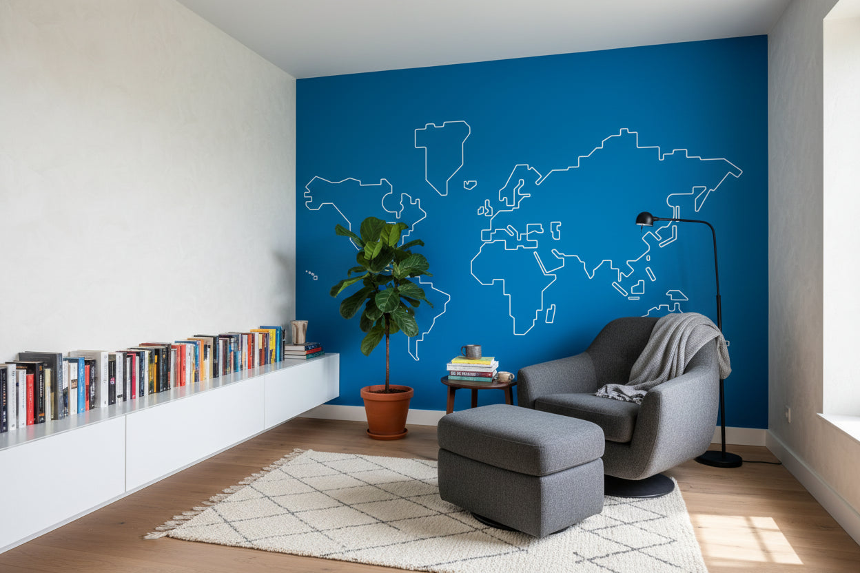 Bold Blue Outline World Map Wall Mural