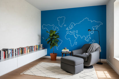 Bold Blue Outline World Map Wall Mural