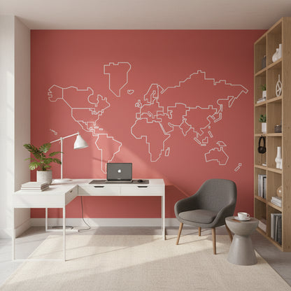 Soft Coral Pink World Map Outline Wall Mural