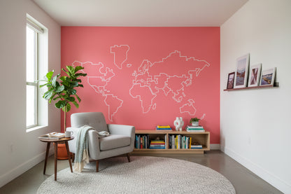 Soft Coral Pink World Map Outline Wall Mural