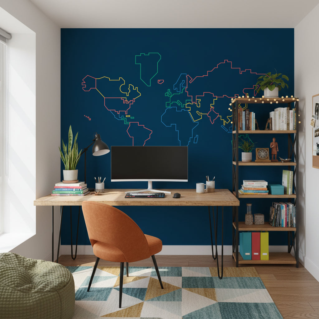 Navy Blue Multicolor World Map Wall Mural