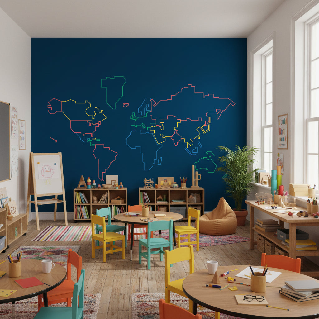Navy Blue Multicolor World Map Wall Mural
