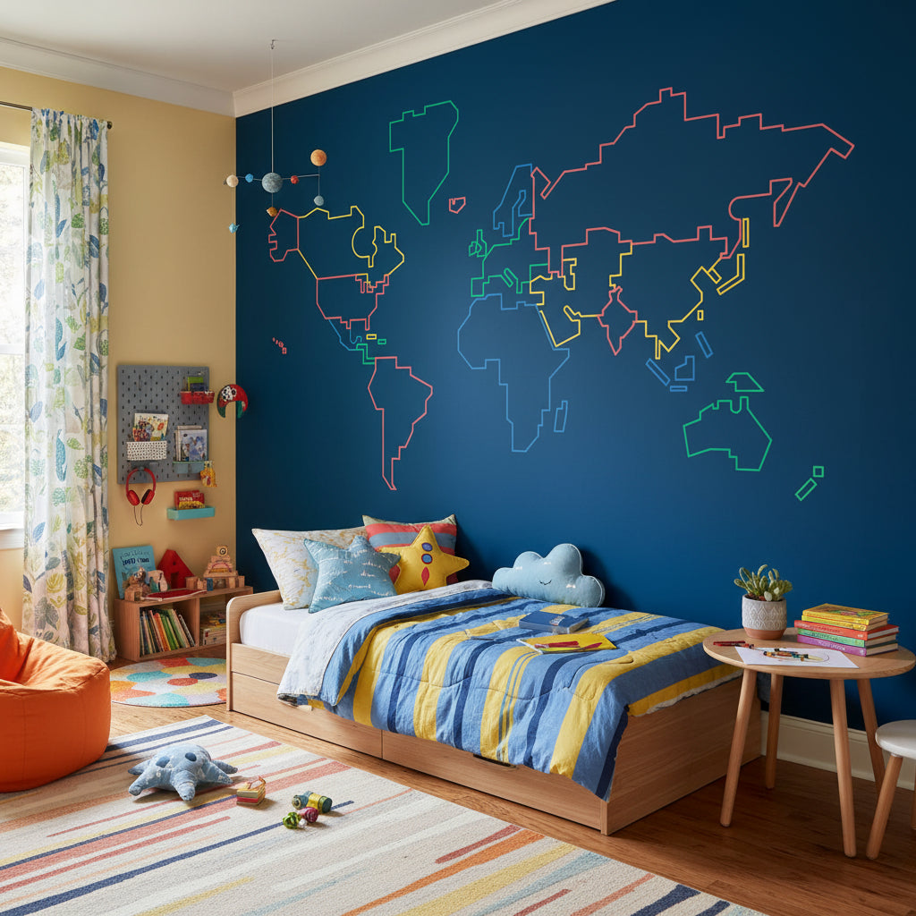 Navy Blue Multicolor World Map Wall Mural