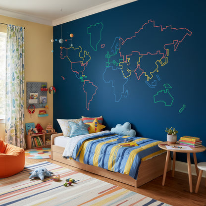 Navy Blue Multicolor World Map Wall Mural