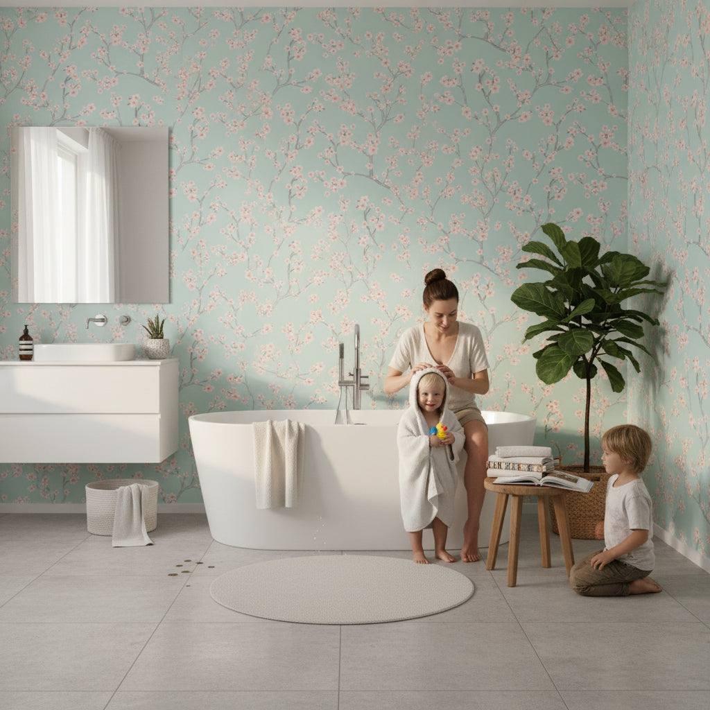 Mint Green Cherry Blossom Pattern Wallpaper