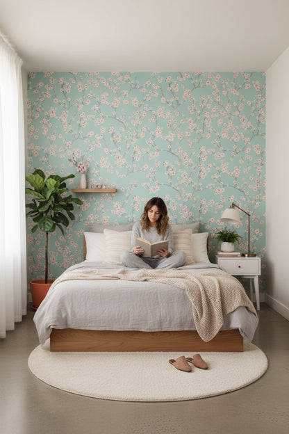 Mint Green Cherry Blossom Pattern Wallpaper
