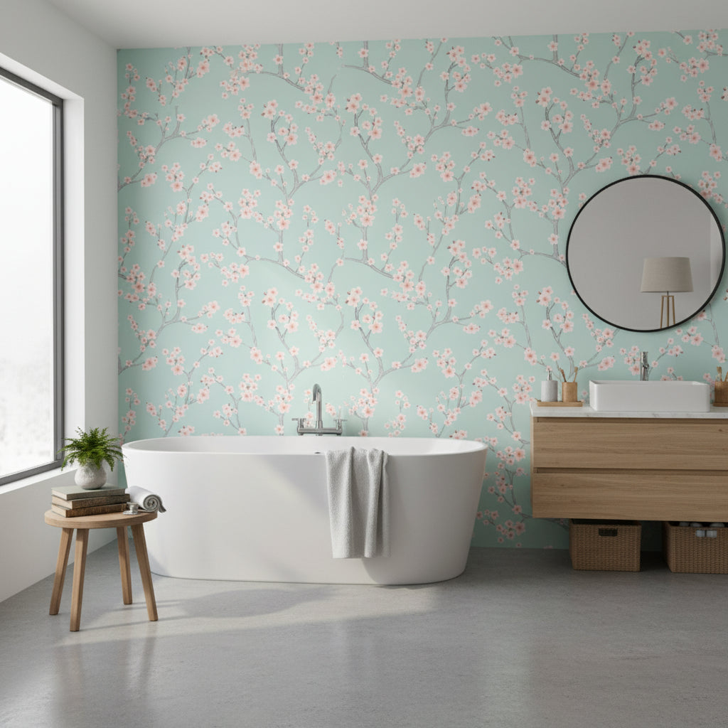 Mint Green Cherry Blossom Pattern Wallpaper
