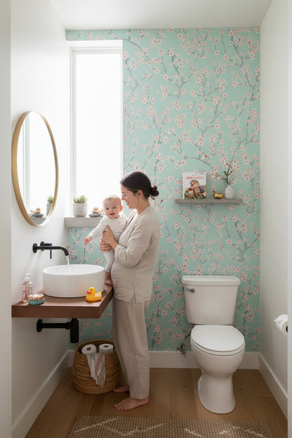 Mint Green Cherry Blossom Pattern Wallpaper