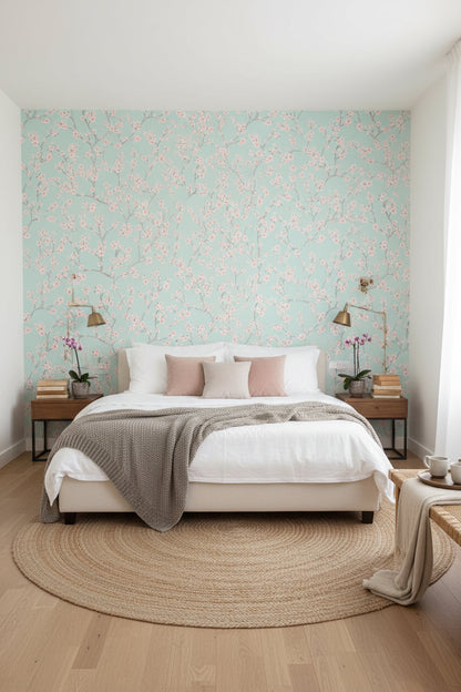 Mint Green Cherry Blossom Pattern Wallpaper