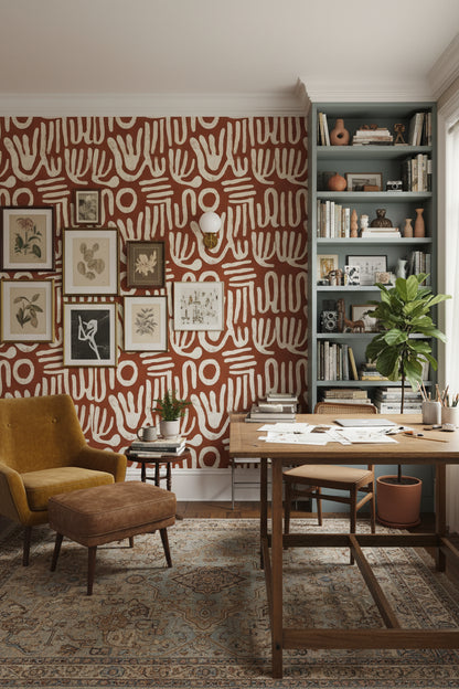 Terracotta Brown Abstract Handprint Wallpaper