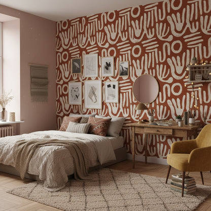 Terracotta Brown Abstract Handprint Wallpaper
