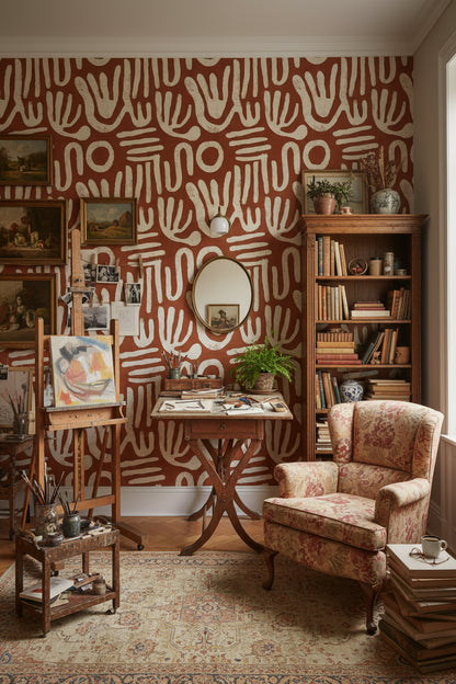 Terracotta Brown Abstract Handprint Wallpaper