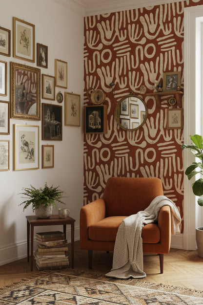 Terracotta Brown Abstract Handprint Wallpaper