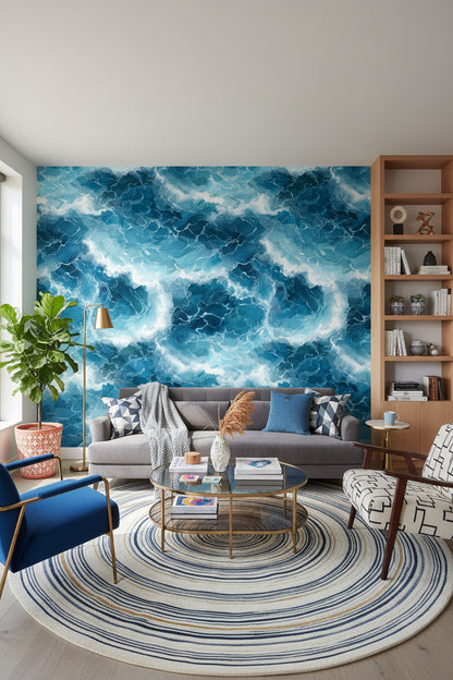Vibrant Blue Ocean Wave Pattern Wallpaper