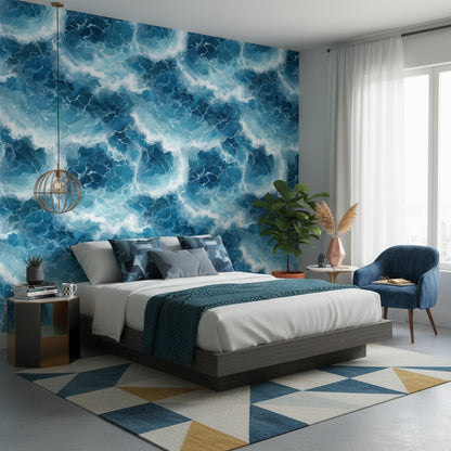 Vibrant Blue Ocean Wave Pattern Wallpaper