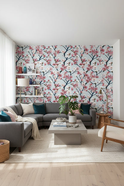 White and Pink Cherry Blossom Floral Wallpaper