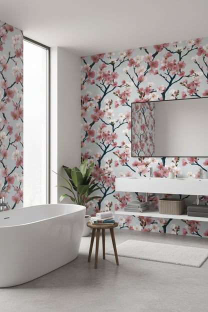 White and Pink Cherry Blossom Floral Wallpaper
