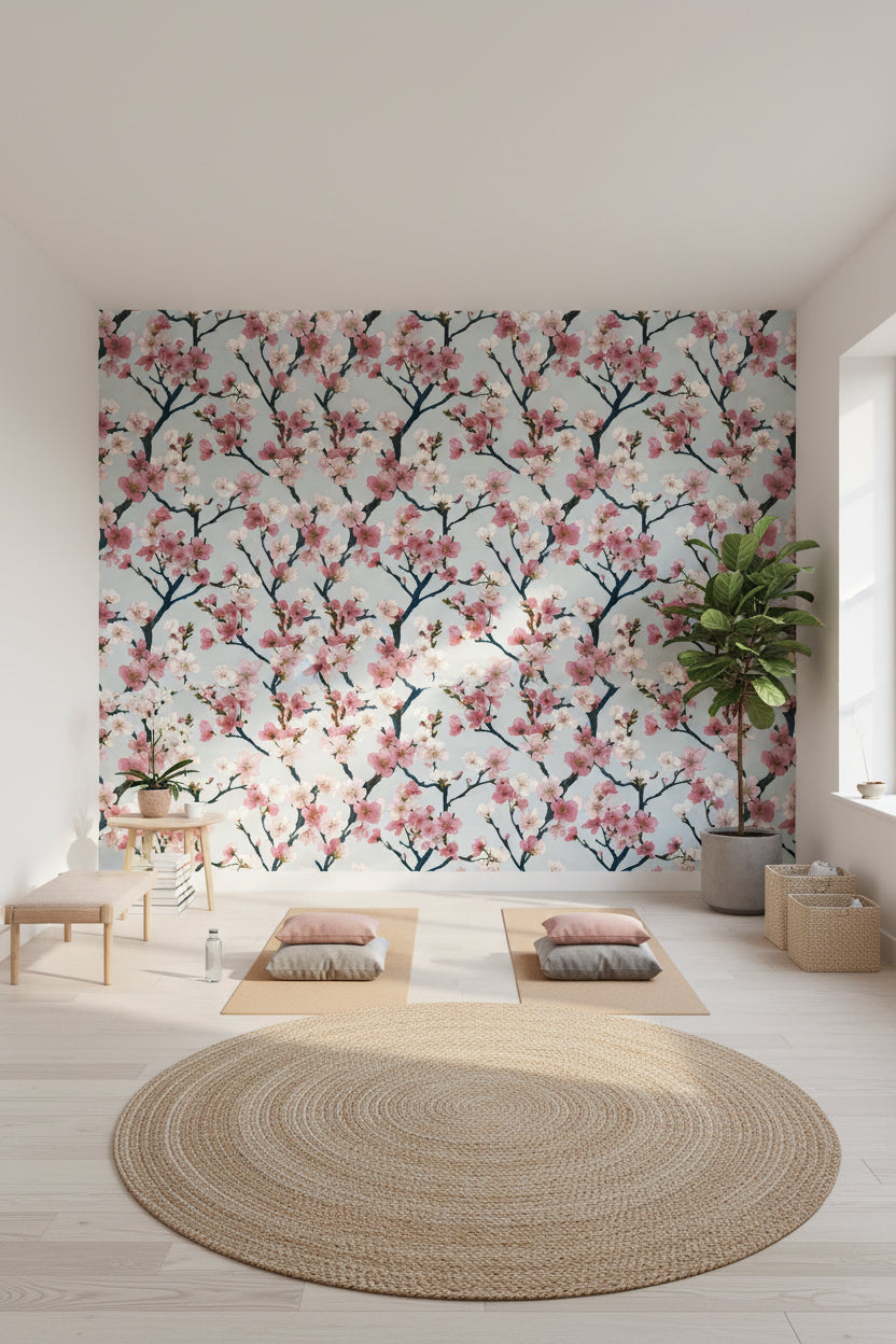 White and Pink Cherry Blossom Floral Wallpaper