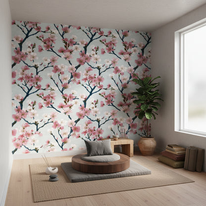White and Pink Cherry Blossom Floral Wallpaper