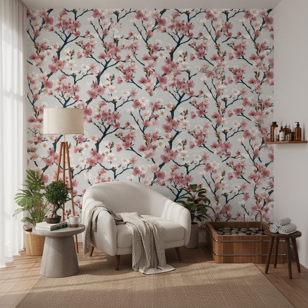 White and Pink Cherry Blossom Floral Wallpaper