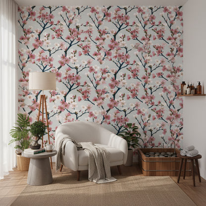 White and Pink Cherry Blossom Floral Wallpaper