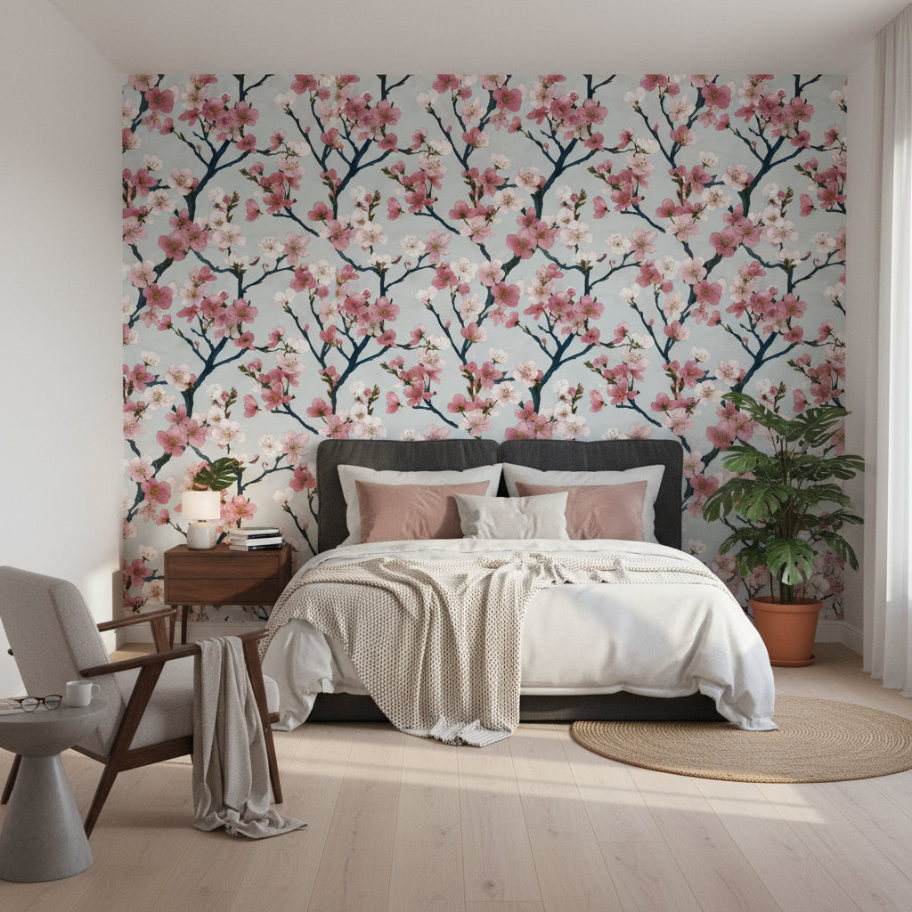 White and Pink Cherry Blossom Floral Wallpaper
