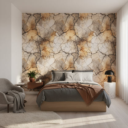 Warm Beige and Gold Look Cracked Marble Wallpaper