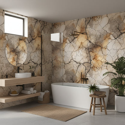 Warm Beige and Gold Look Cracked Marble Wallpaper